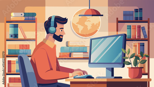 A man is sitting at a desk with a computer monitor and keyboard in front of him. He is wearing headphones and he is focused on his work. The room is filled with bookshelves