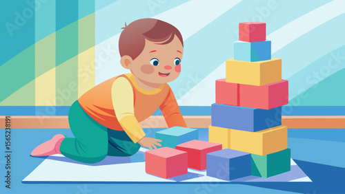 A boy is playing with blocks, building a tower. The blocks are colorful and the boy is smiling