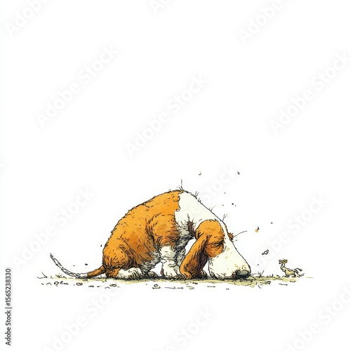 A basset hound dog hunches low to the ground.