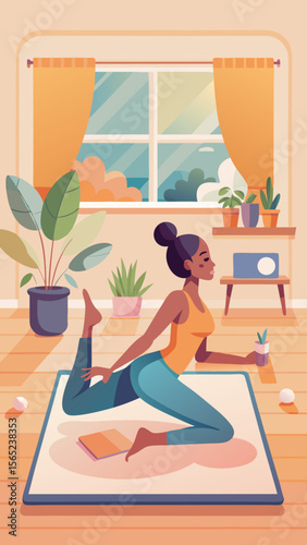 A woman is sitting on the floor in a living room, using a laptop. She is smiling and she is enjoying herself. The room is decorated with plants and has a couch and a potted plant nearby