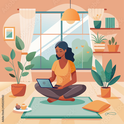 A woman is sitting on the floor in a living room, using a laptop. She is smiling and she is enjoying herself. The room is decorated with plants and has a couch and a potted plant nearby