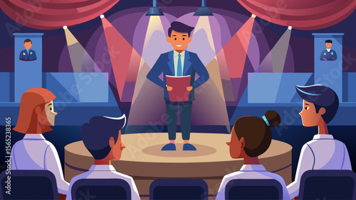 A man stands on a stage in front of a group of people. He is holding a book and smiling. The people in the audience are seated in chairs around the stage. The scene is set in a theater
