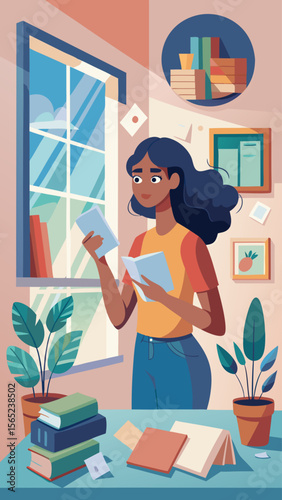 A woman is looking at a piece of paper in a messy room. The room is cluttered with books, papers, and other items. The woman is in a state of confusion or frustration as she reads the paper
