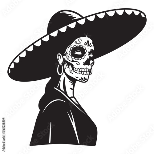 Elegant black and white illustration of a sugar skull woman with sombrero for day of the dead