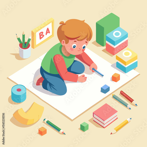 A boy is sitting on the floor playing with blocks and drawing with a crayon. The scene is set in a room with a desk and a chair. There are several books scattered around the room