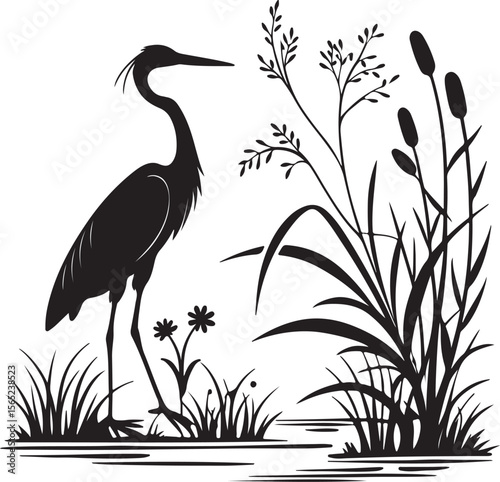 Heron or Crane Silhouette in Wetlands – serene and elegant