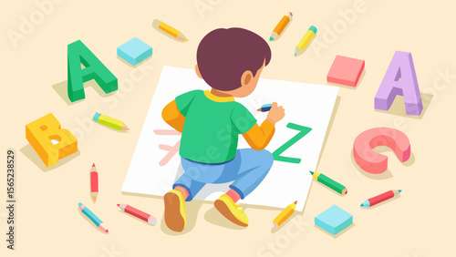 A boy is sitting on the floor playing with blocks and drawing with a crayon. The scene is set in a room with a desk and a chair. There are several books scattered around the room