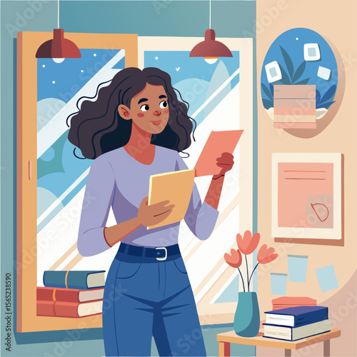 A woman is looking at a piece of paper in a messy room. The room is cluttered with books, papers, and other items. The woman is in a state of confusion or frustration as she reads the paper
