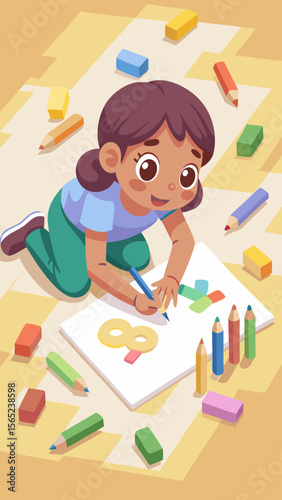 A boy is sitting on the floor playing with blocks and drawing with a crayon. The scene is set in a room with a desk and a chair. There are several books scattered around the room