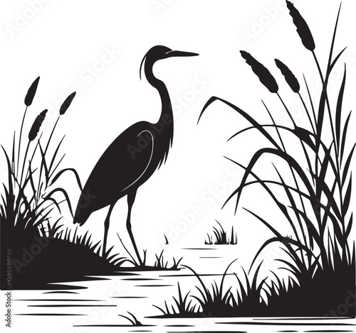 Heron or Crane Silhouette in Wetlands – serene and elegant