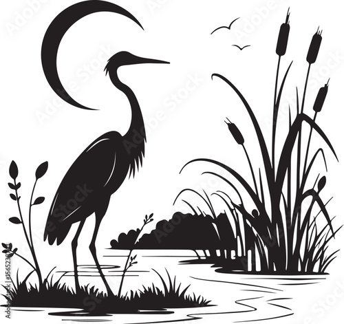 Heron or Crane Silhouette in Wetlands – serene and elegant