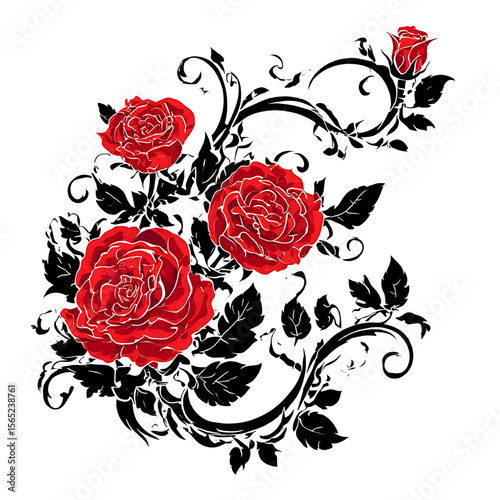 Floral Art: A vibrant illustration showcases an arrangement of meticulously drawn red roses intertwined with ornate black embellishments, resulting in a dynamic display of botanical beauty.