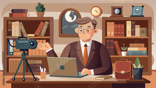 A man is sitting at a desk with a laptop and a camera. He is wearing a suit and tie. The room is filled with bookshelves and a clock on the wall. The man is working on a project or recording something
