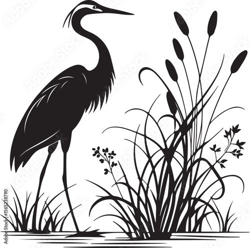 Heron or Crane Silhouette in Wetlands – serene and elegant
