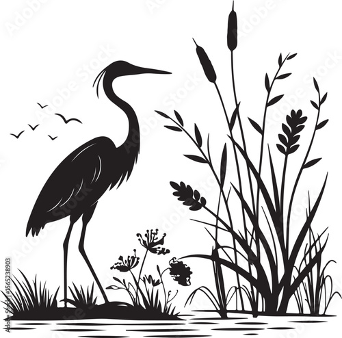 Heron or Crane Silhouette in Wetlands – serene and elegant