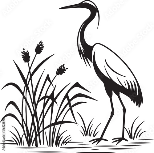Heron or Crane Silhouette in Wetlands – serene and elegant