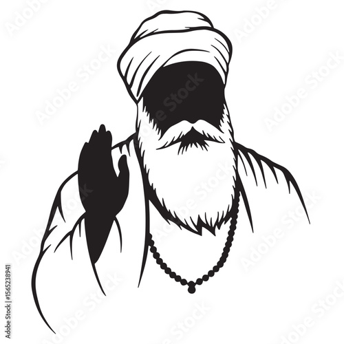 Illustration of a sikh man with a beard and turban with hand raised in salutation