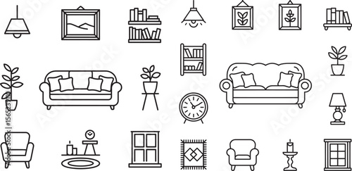 Home decor objects and furniture line art interior