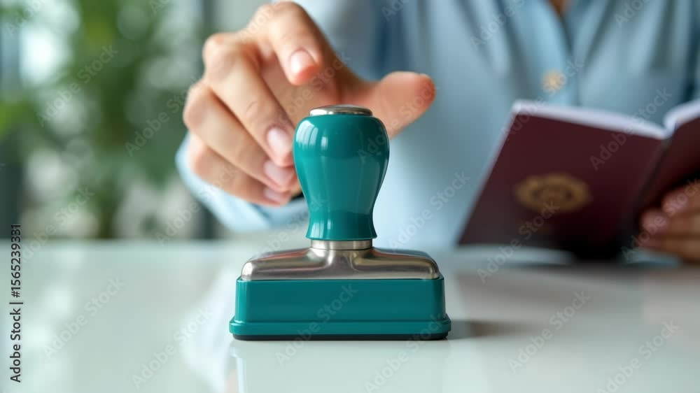 Close-up of official hand stamping document during passport or visa authorization process