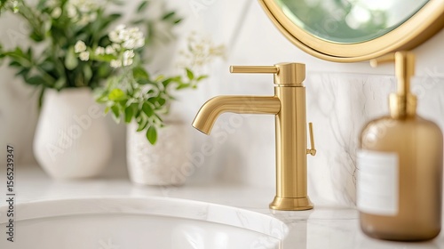 A gold bathroom faucet detail with a plant on the white marble countertop and a gold mirror. 