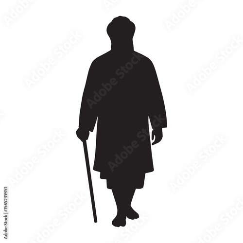 Silhouette illustration of a person walking forward with a cane isolated on white background