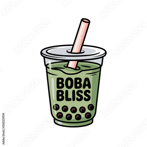 A cup of green boba tea features the text Boba Bliss on the front. It has a clear lid and a pink straw, with tapioca pearls at the bottom.