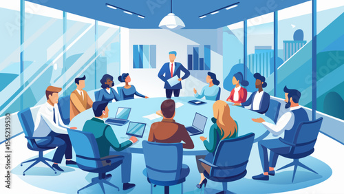 A group of people are sitting around a table in a conference room. The woman in the center is the leader of the group. The room is decorated with blue accents and has a modern feel