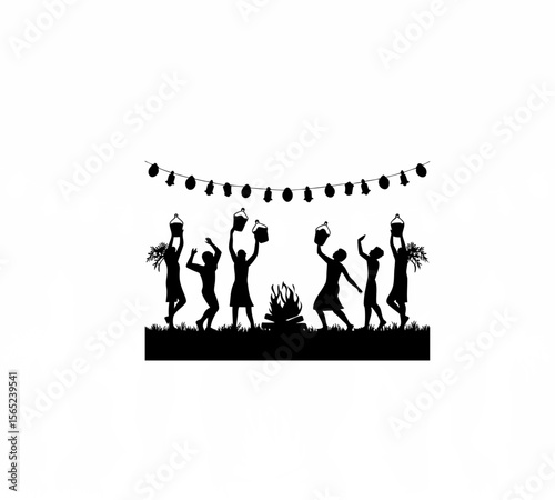 Silhouette of harvest festival celebrations in a village on white background