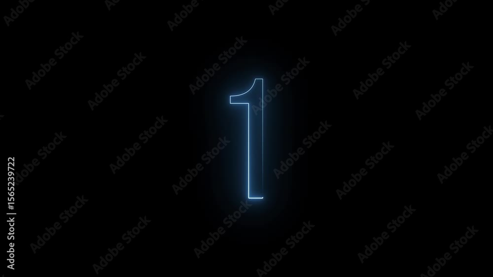 Glowing neon numeric text 1 number countdown icon background 4k animation. 
