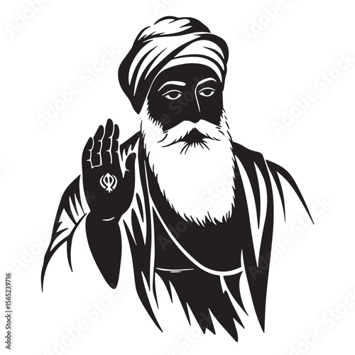 Silhouette illustration of guru nanak dev ji a founder of sikhism in black and white