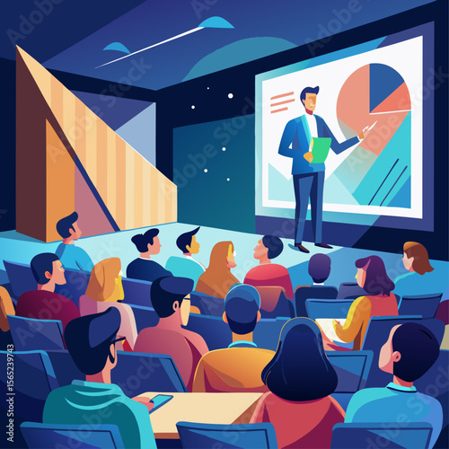 A man is giving a presentation to a large audience. The audience is seated in rows of chairs, with some people sitting in the front row and others in the back