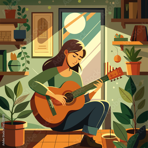 A woman is playing a guitar in a room with plants. The room has a green color scheme and the woman is sitting on the floor
