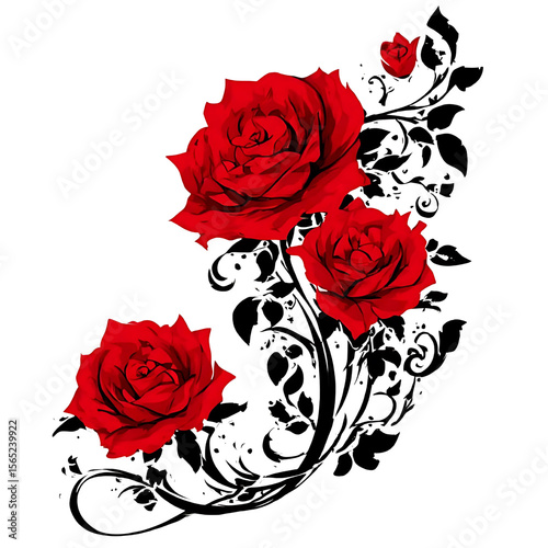 Crimson Bloom: A captivating illustration showcases the exquisite beauty of vibrant red roses gracefully intertwined with dark, stylized leaves.