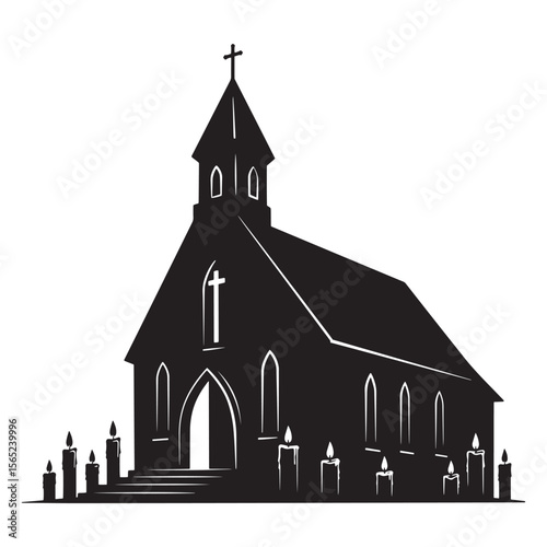 Silhouette of a church building with candles representing faith and spirituality on white
