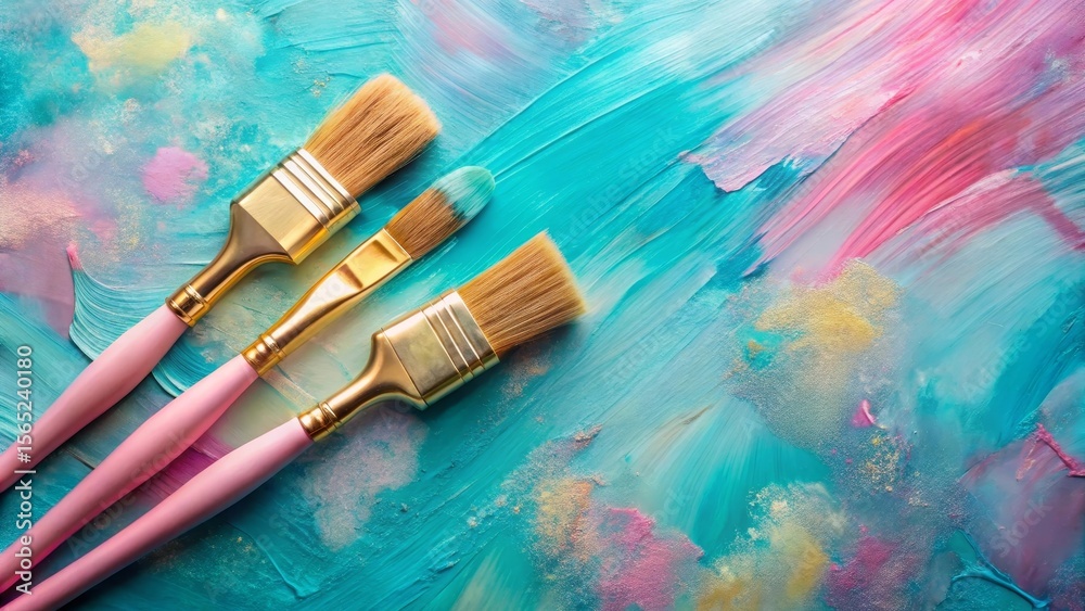 Fototapeta premium Artistic paintbrushes resting on a vibrant, textured canvas featuring swirling hues of teal, pink, and gold