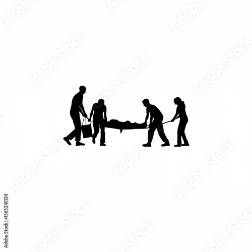 Silhouette of healthcare workers assisting during a natural disaster on white background