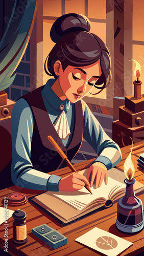 A woman is writing on a piece of paper at a desk. The desk is cluttered with various items, including a vase, a book, and a candle. The woman is focused on her writing
