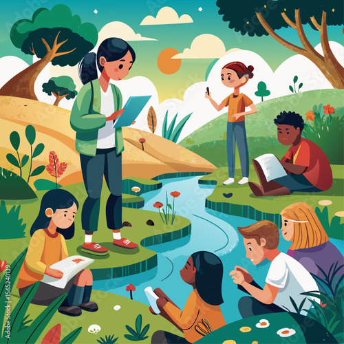 A group of children are sitting in a field reading books. The scene is peaceful and relaxing, with the children enjoying their time outdoors