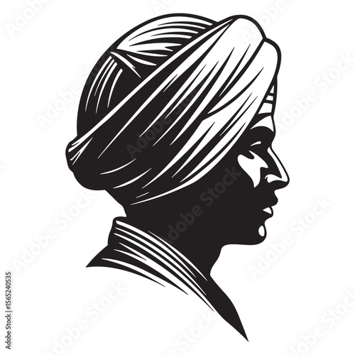 Silhouette of a sikh man wearing a turban in black and white illustration