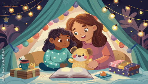 A woman is reading a book to two children in a tent. The children are sitting on pillows and the tent is decorated with lights