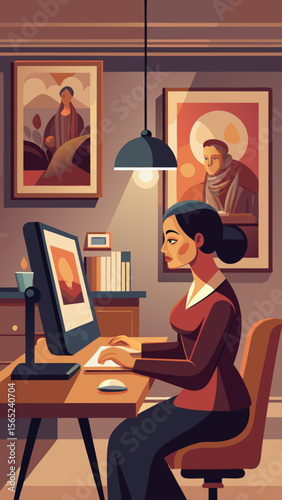A woman is sitting at a desk with a computer monitor in front of her. She is typing on the keyboard and looking at the screen. The room is decorated with pictures on the walls