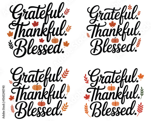 Thanksgiving themed typography with "grateful, thankful, blessed" with fall elements.