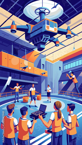 A group of people are gathered around a table with a tablet and a drone. Scene is one of excitement and curiosity as the group is likely discussing the drone and its capabilities