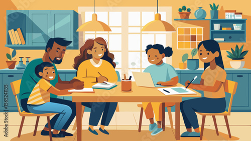 A family of four sits around a table with a laptop and books. The father is writing on a piece of paper while the mother and two children are working on their laptops