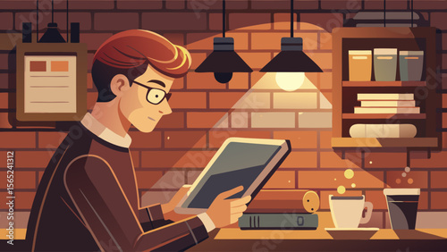 A man is reading a book in a dimly lit room. The atmosphere is cozy and intimate, with the man sitting at a table surrounded by books. The lighting creates a warm and inviting ambiance