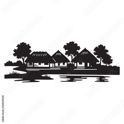 Silhouette of tropical huts and trees near water in a tranquil scenic landscape design
