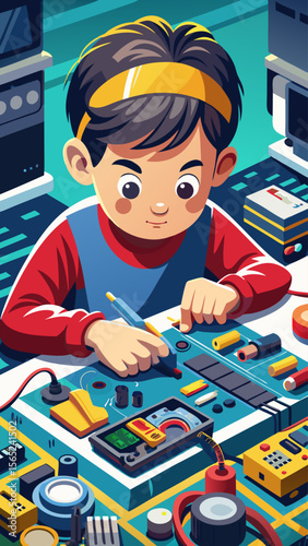 A boy is drawing on a piece of paper in front of a bunch of electronic components. Concept of creativity and curiosity, as the boy is engaged in a hands-on activity with the various electronic parts