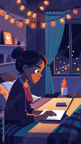 A woman is sitting at a desk with a laptop open in front of her. She is typing on the keyboard and looking at the screen. The room is dimly lit, and there is a potted plant on the table