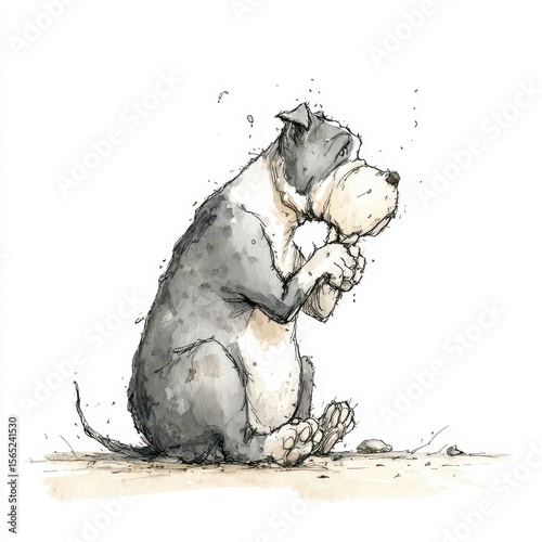 A pensive canine figure, seated on the ground.