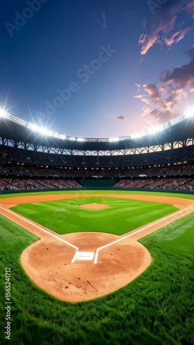 A vibrant baseball stadium, illuminated with bright lights, showcasing a green field, ready for an exciting evening game.